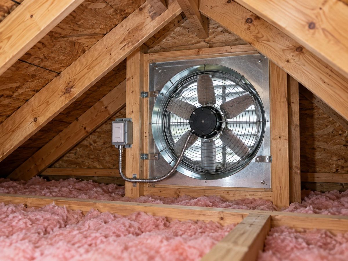Attic fan installed and wired between the rafters