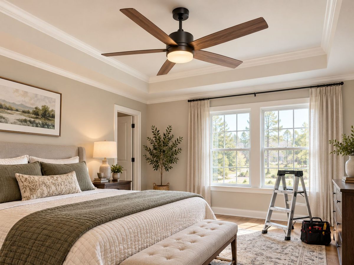 Ceiling fan with light installed in a bedroom
