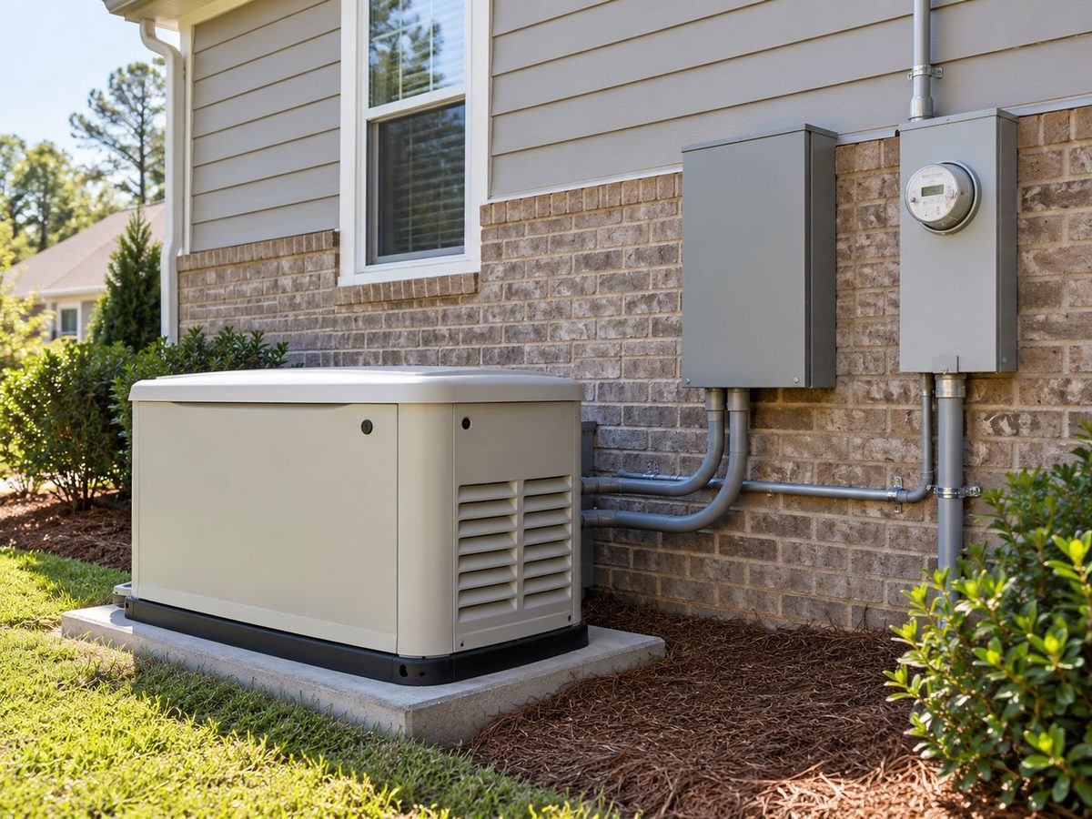 Standby generator connected to the home with a transfer switch and meter