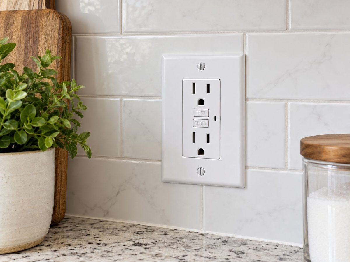 GFCI outlet installed on a kitchen backsplash
