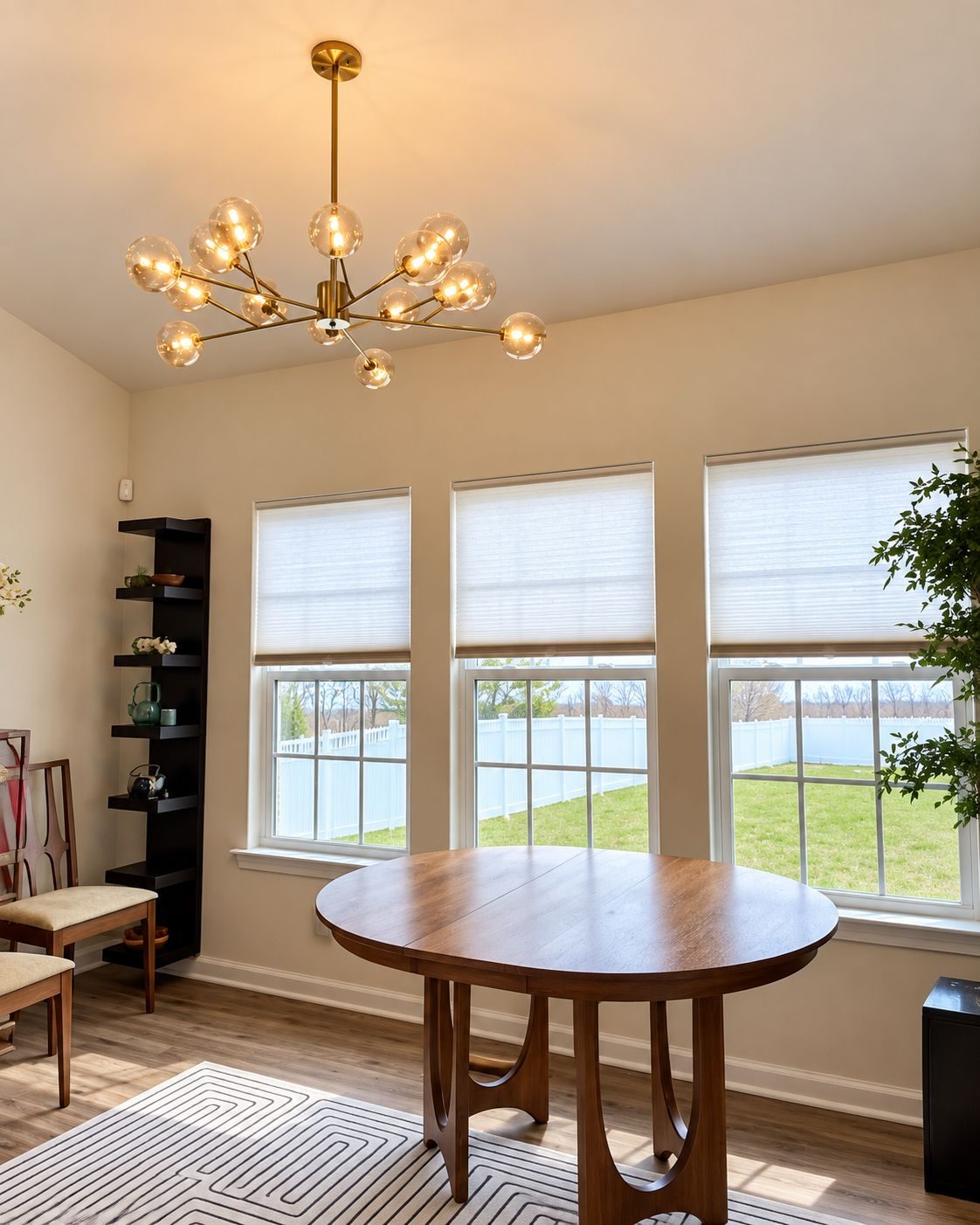 Modern globe chandelier installed over a dining table